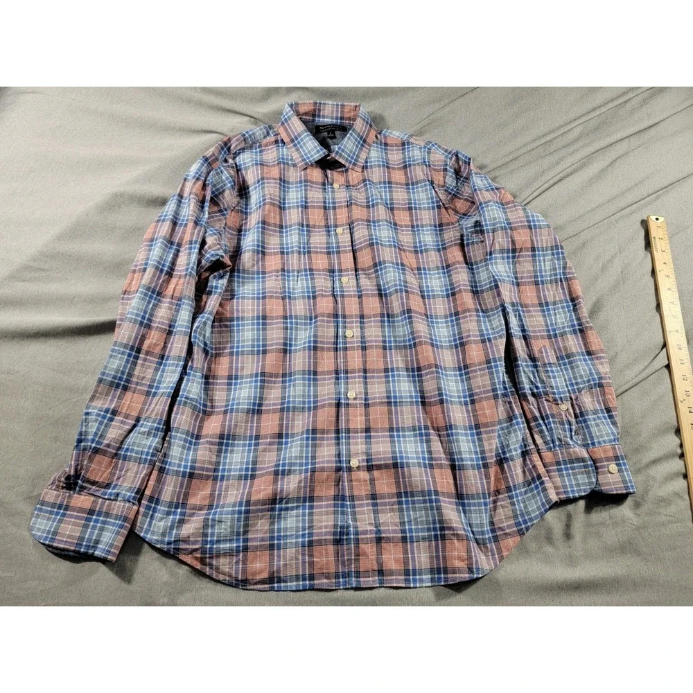 BANANA REPUBLIC Men's Blue/Red Plaid Slim-Fit Soft-Wash Stretch Shirt Button Up‎